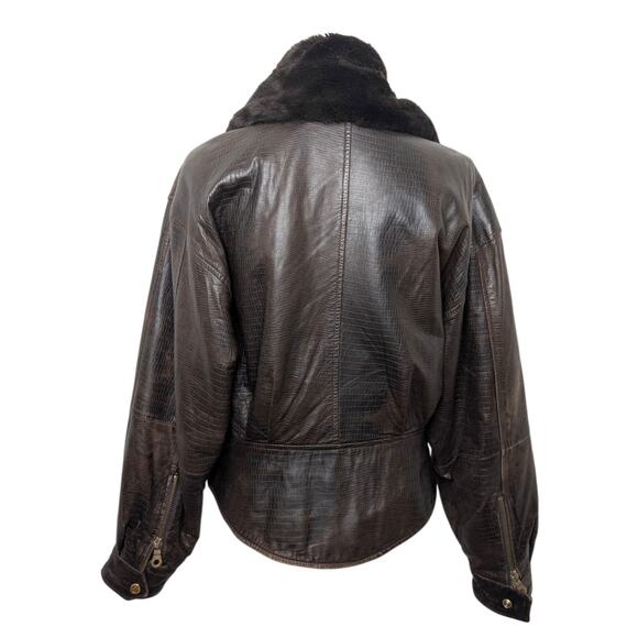 Andrew Marc Croc Embossed Brown Leather Moto Jacket Faux Fur Collar Women’s M - Picture 8 of 11